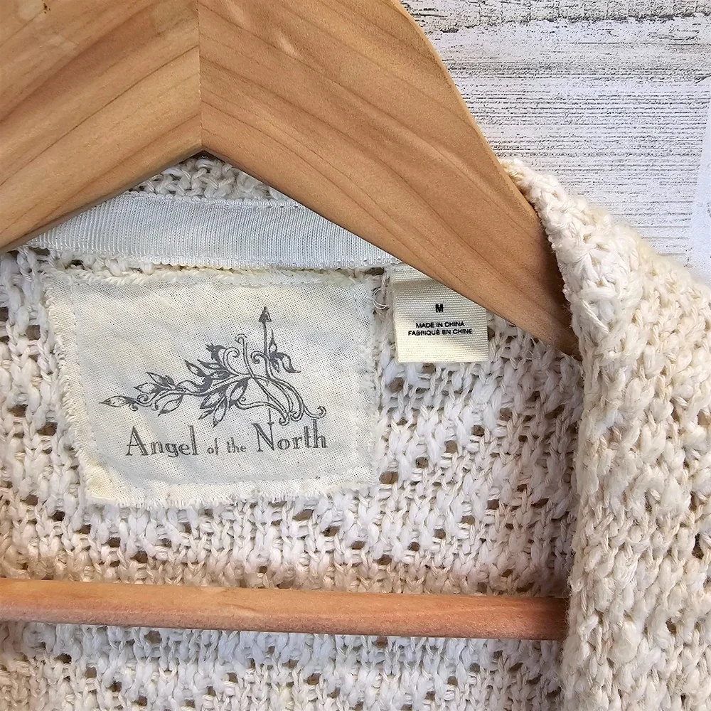 Angel of the North Fringe Cardigan Ivory Knit Boho Chevron Open Front Sweater M